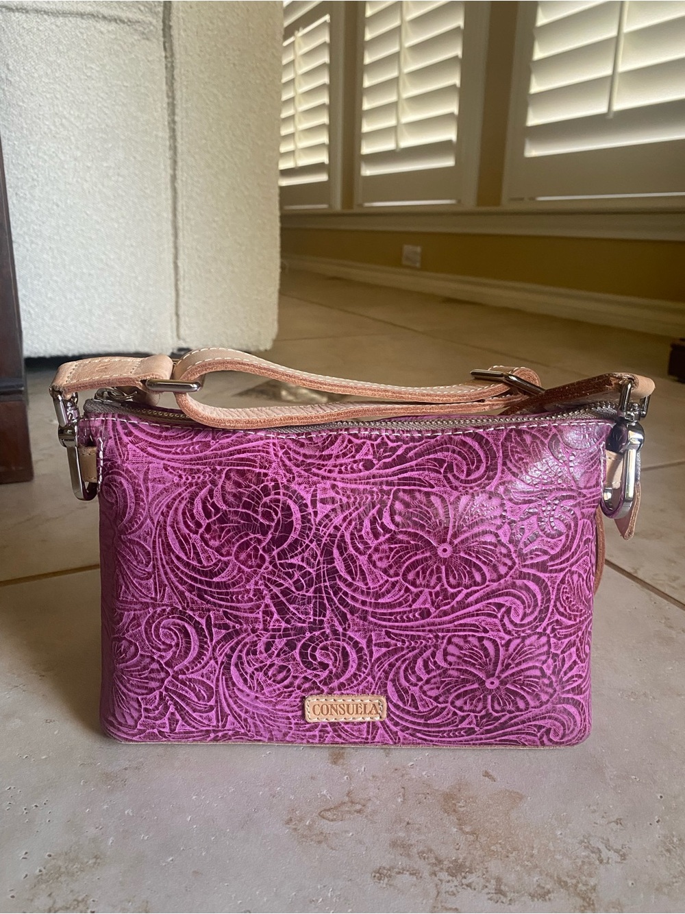 Consuela Mena Fuchsia Tooled Leather Midtown Crossbody Bag with Leather Trim